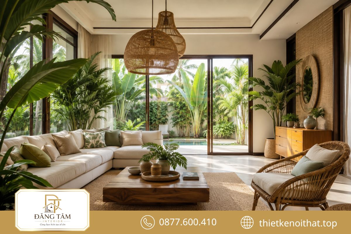 Phòng khách Tropical kết hợp sofa sáng màu, cây xanh và nội thất gỗ