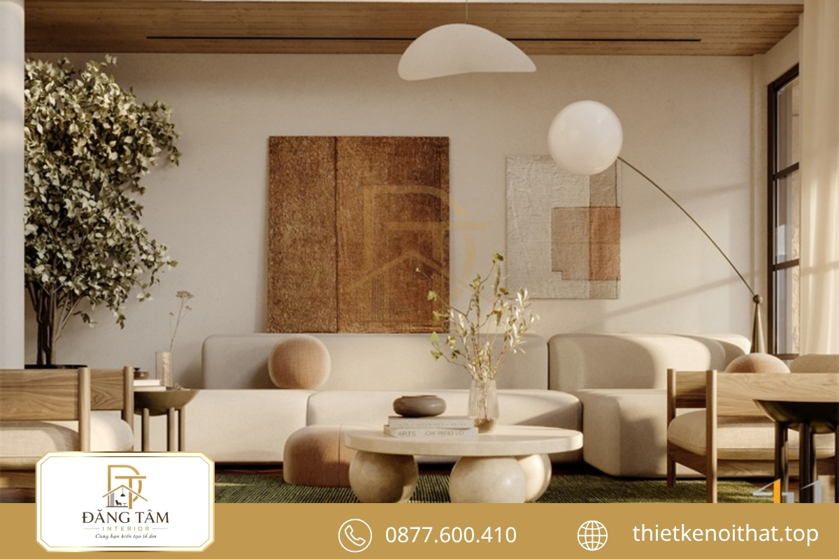 Phòng khách Wabi Sabi mộc mạc với vật liệu tự nhiên, bố cục thoáng 