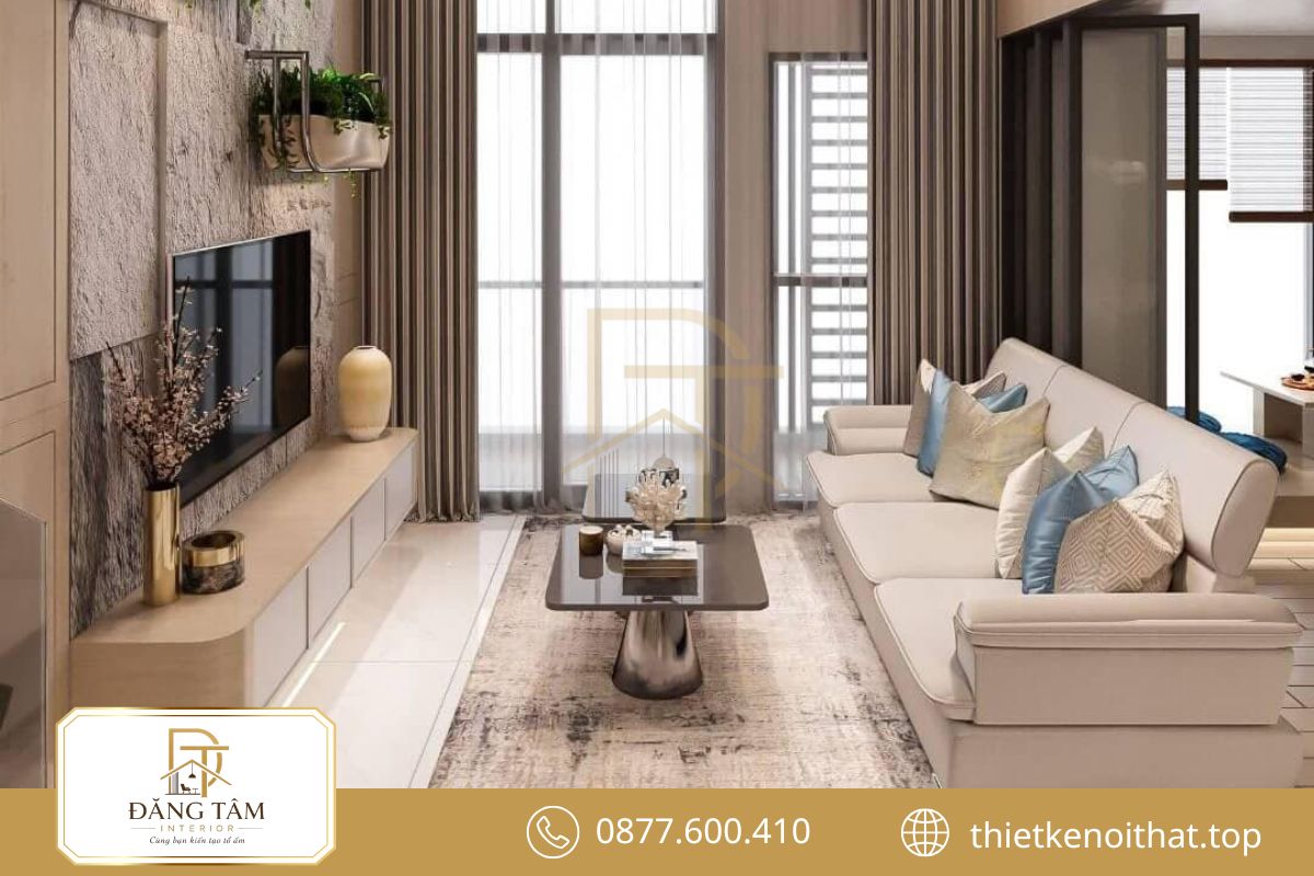Phòng khách thông tầng nổi bật với trần cao và ánh sáng