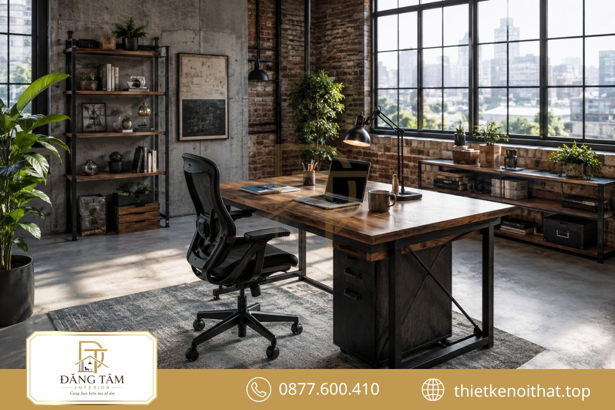 Phòng làm việc phong cách Industrial kết hợp gỗ, thép và ánh sáng hài hòa