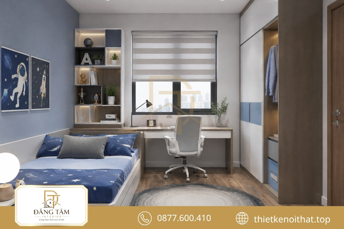 Bàn học gần cửa sổ tạo góc học tập sáng thoáng cho bé trai