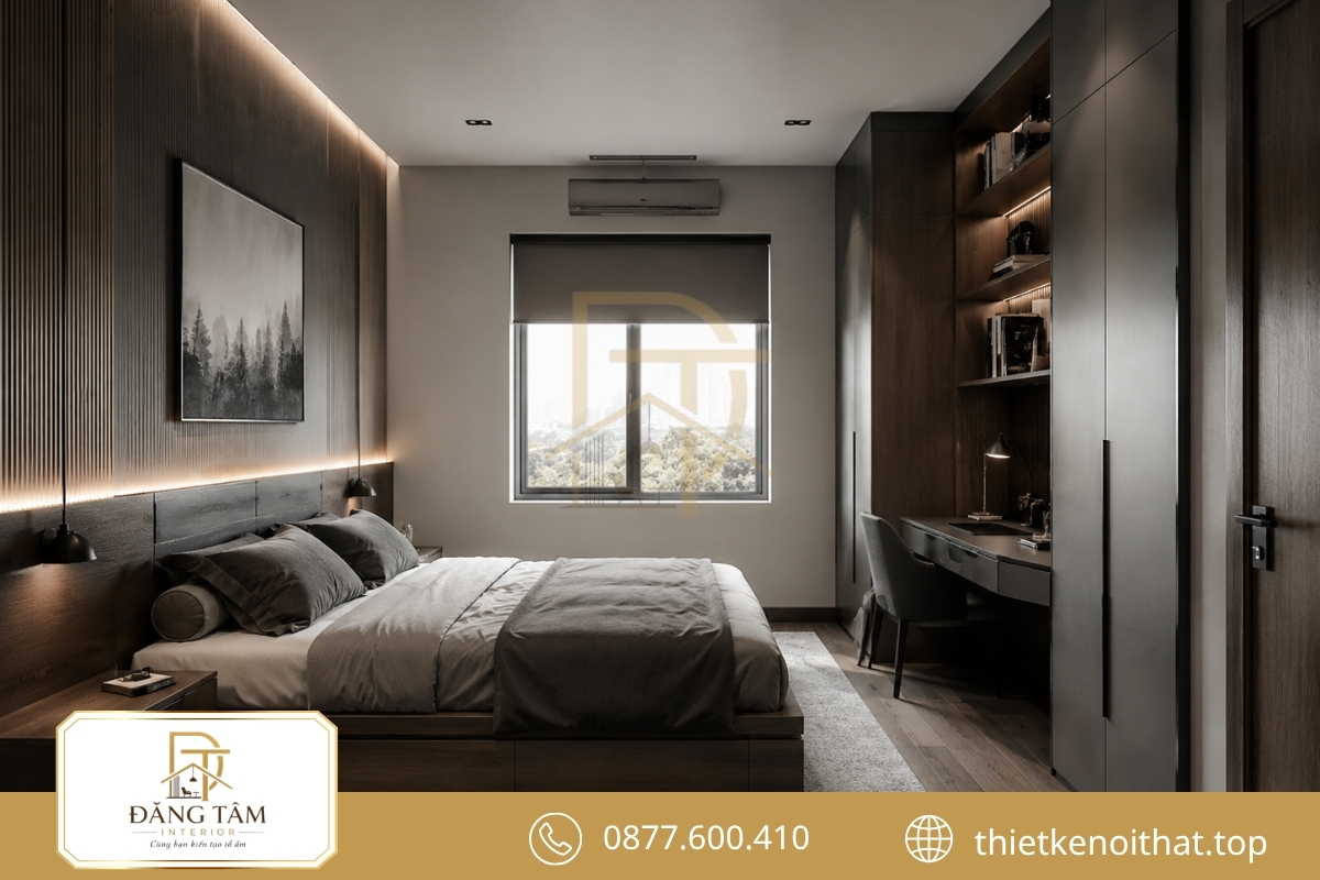 Bố cục ít đồ rời tạo phòng ngủ nam 12m2 mạnh mẽ, gọn gàng