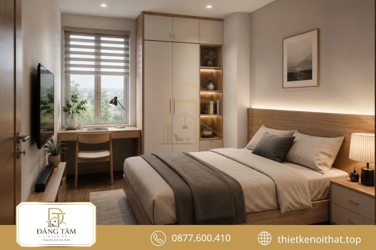 Phòng ngủ cá nhân 12m2 cân bằng giữa nghỉ ngơi, làm việc và lưu trữ