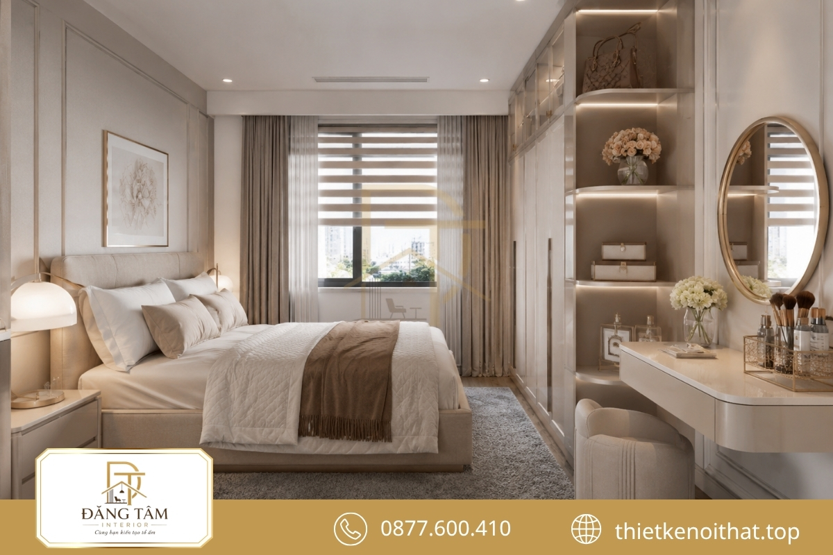Bàn trang điểm tích hợp giúp phòng ngủ nữ 12m2 tiện nghi và thanh thoát