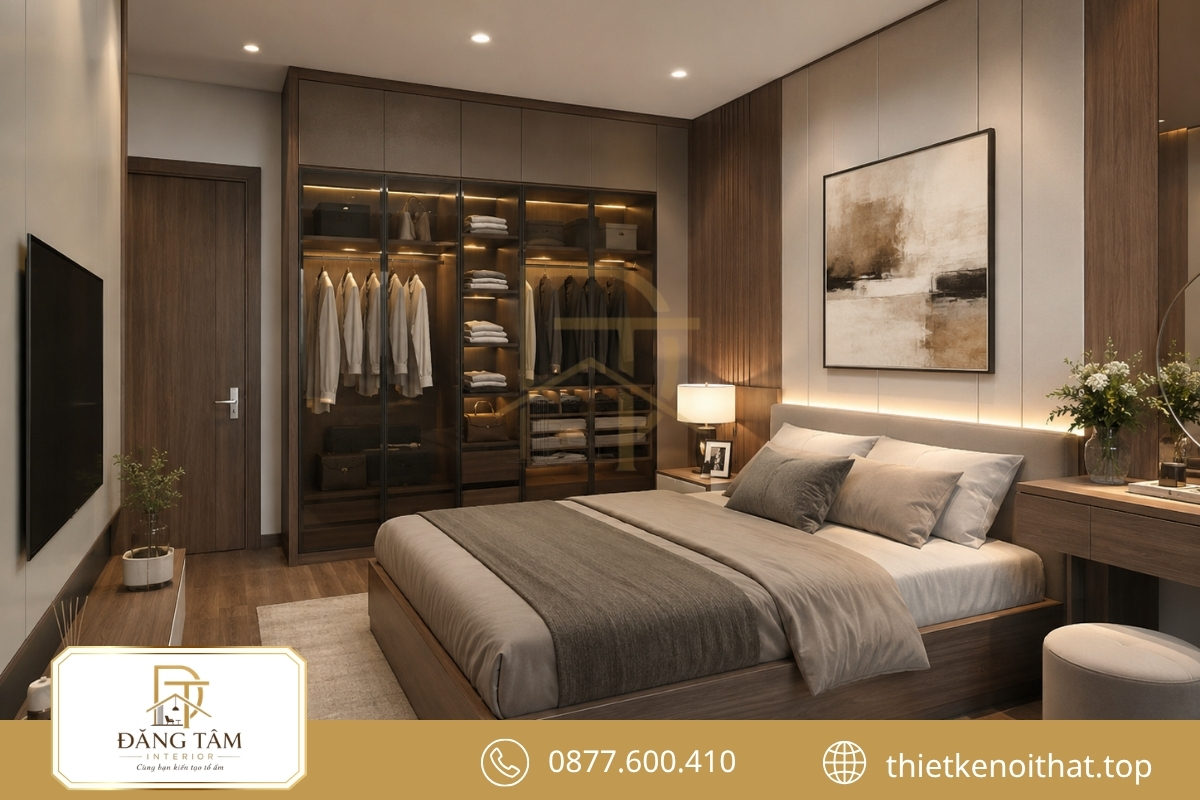 Tủ dùng chung giúp phòng ngủ vợ chồng 12m2 khai thác diện tích hiệu quả