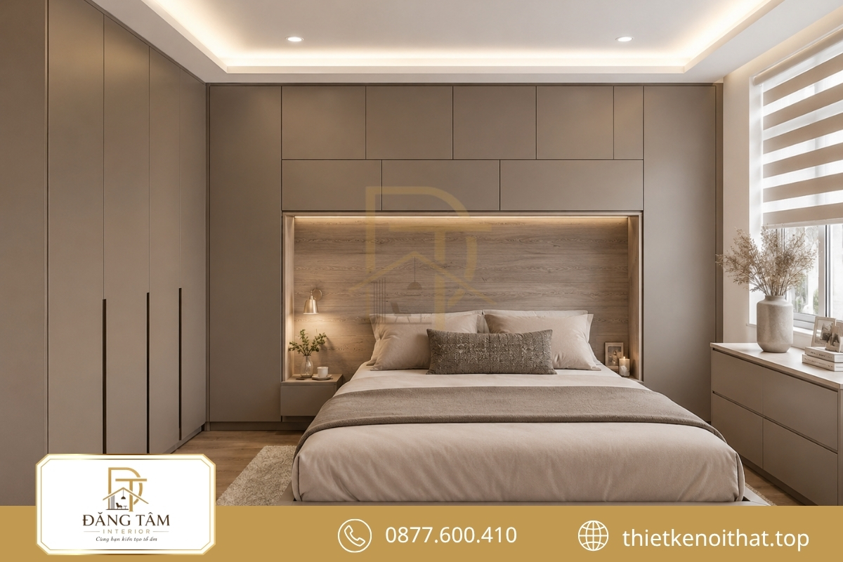 Nội thất liền khối giúp phòng ngủ hiện đại 12m2 gọn gàng và thoáng mắt