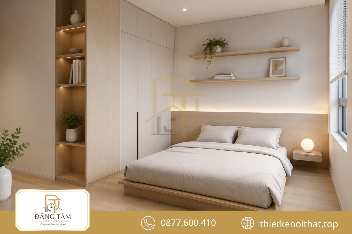 Phòng ngủ tối giản giữ mặt sàn thông thoáng nhờ nội thất tích hợp thông minh