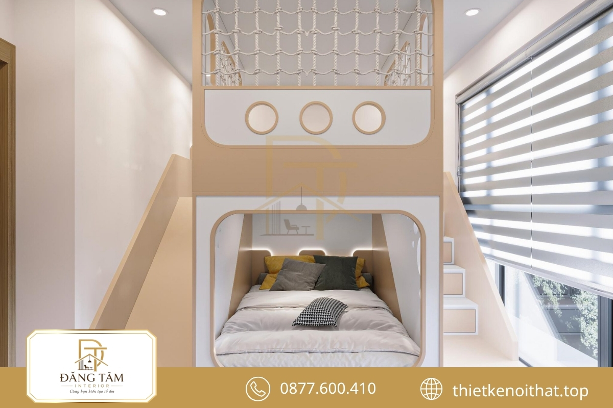 Giường tầng hoặc giường kéo tạo thêm khoảng sinh hoạt cho hai bé