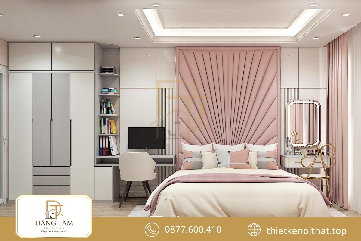 Bàn trang điểm liền tủ tạo không gian phòng nữ gọn và hài hòa