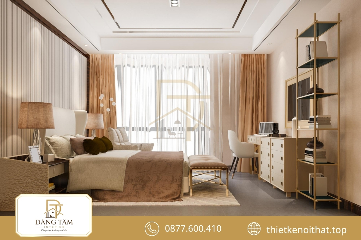 Giường đôi và tủ áo lớn vẫn cân đối khi lối đi được giữ thoáng