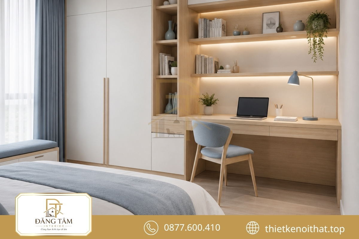 Bàn làm việc liền tủ tạo tổng thể gọn và khai thác tốt mặt tường