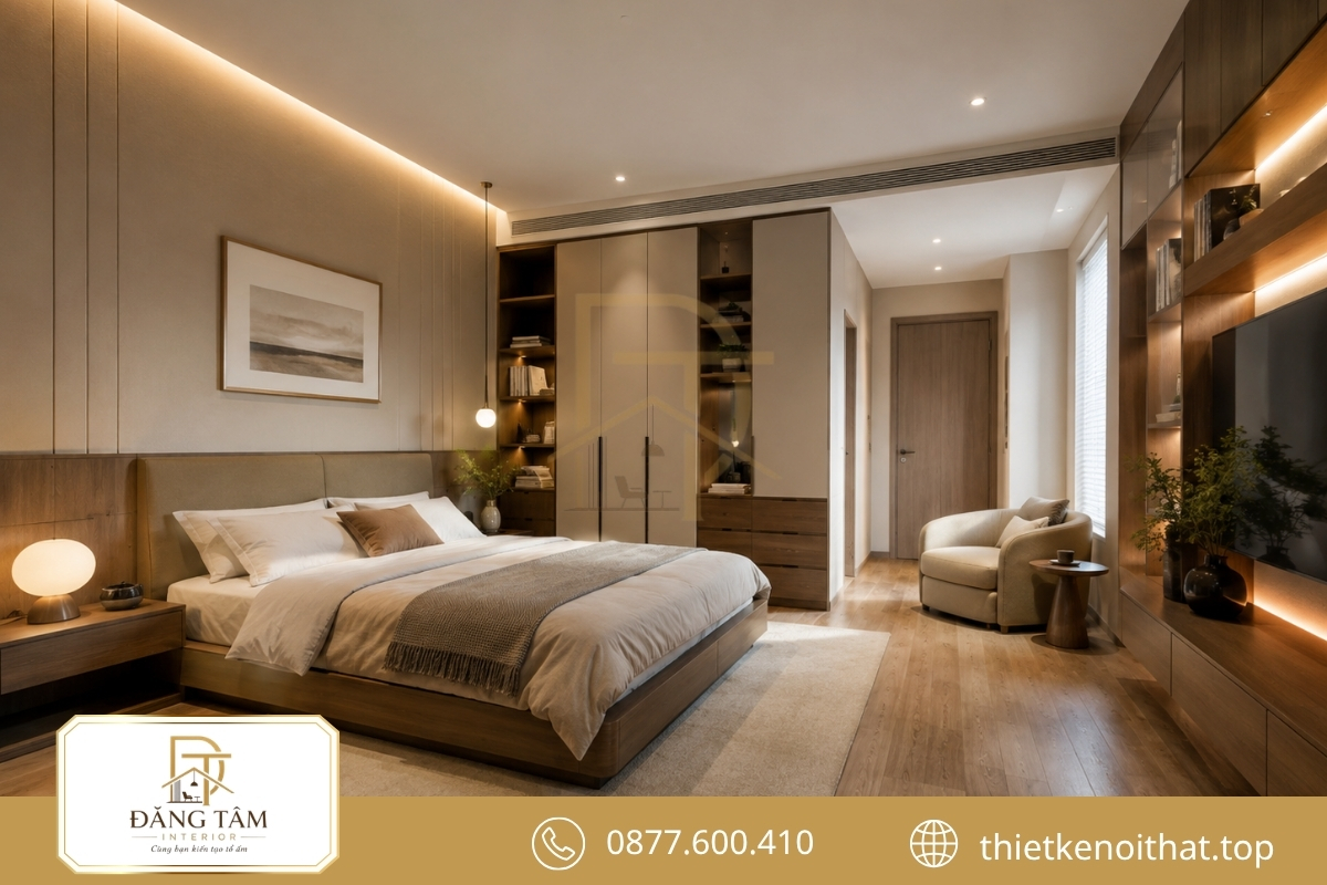 Thiết kế phòng ngủ 18m2 phân chia rõ khu nghỉ ngơi và lưu trữ 