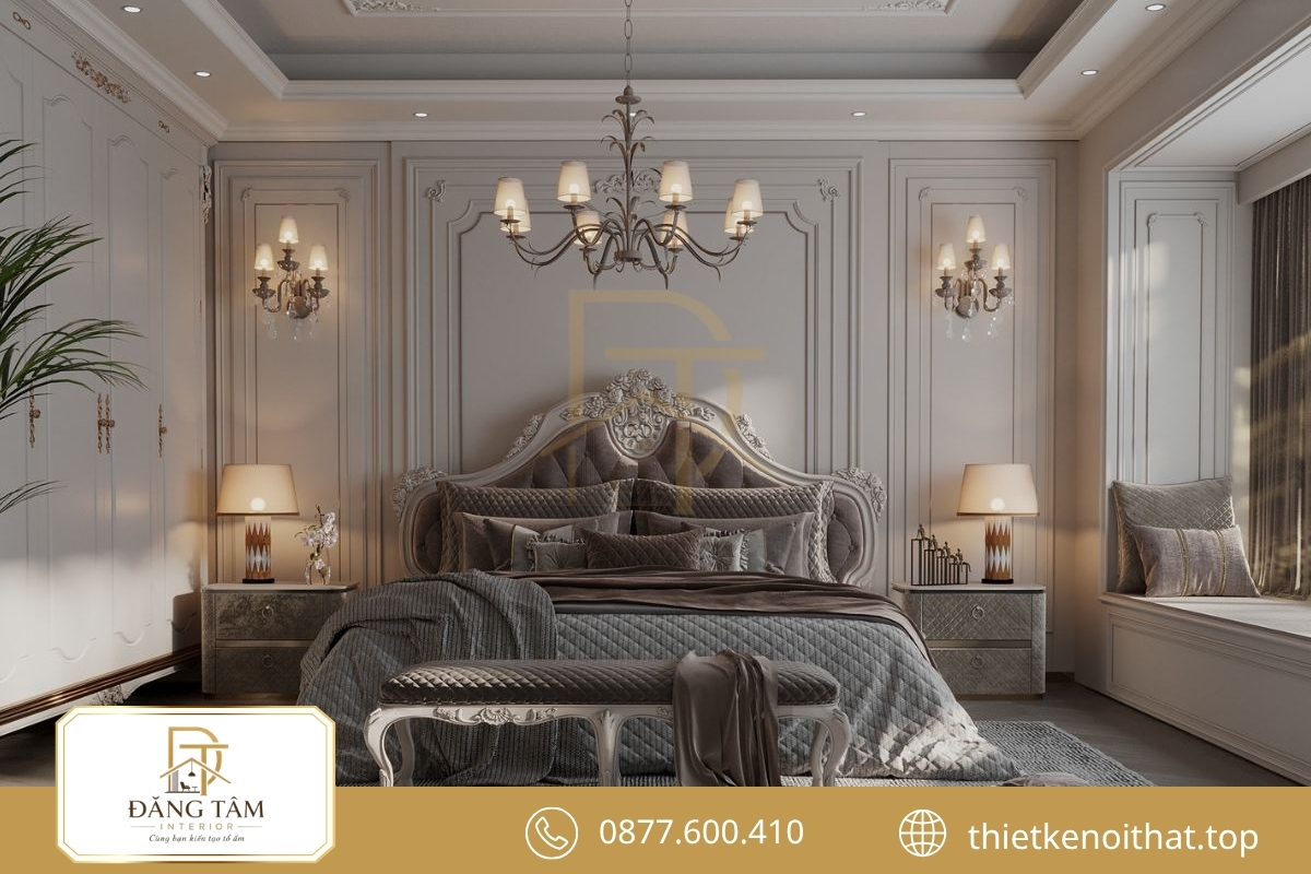 Phào chỉ tiết chế và đầu giường bọc nệm tạo vẻ thanh lịch 