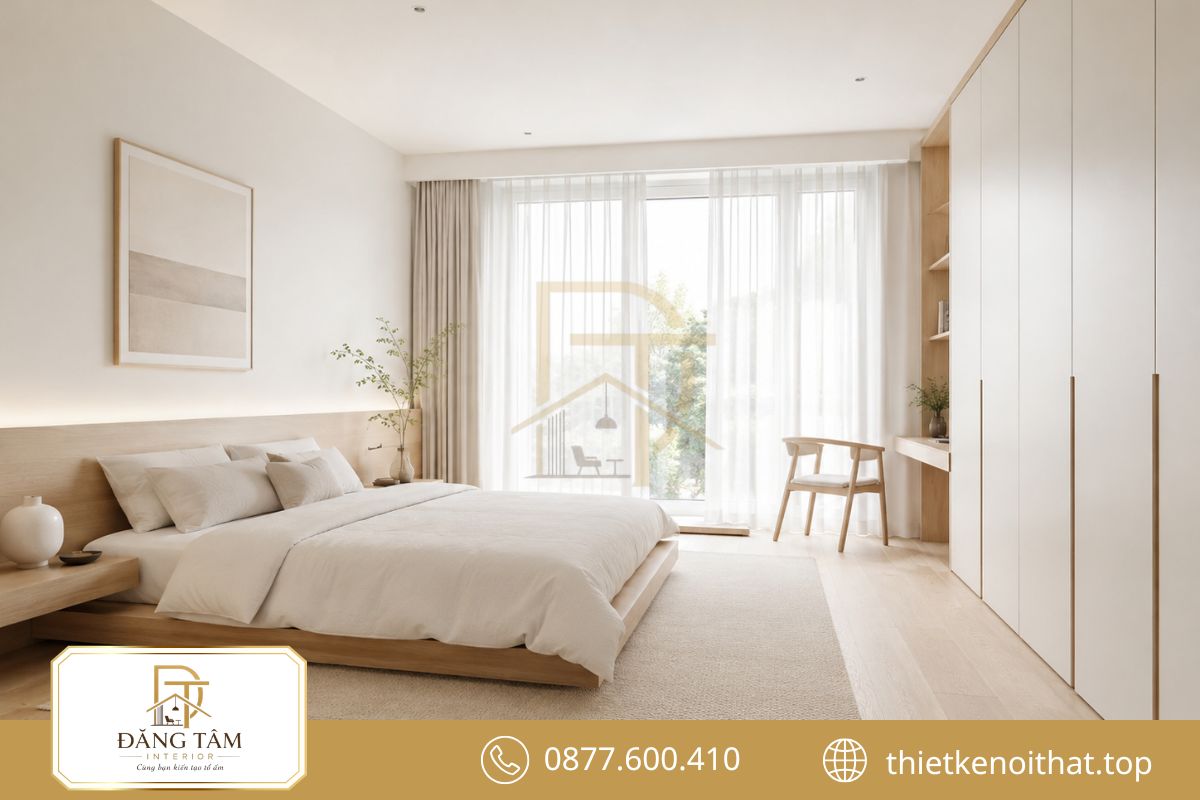 Gam màu sáng cùng nội thất tối giản tạo cảm giác phòng ngủ rộng và nhẹ
