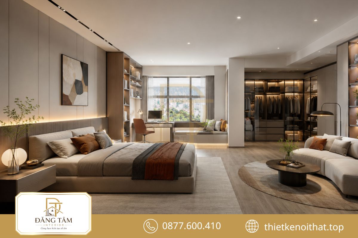 Phong cách hiện đại kết nối liền mạch giường ngủ, bàn làm việc và hệ tủ