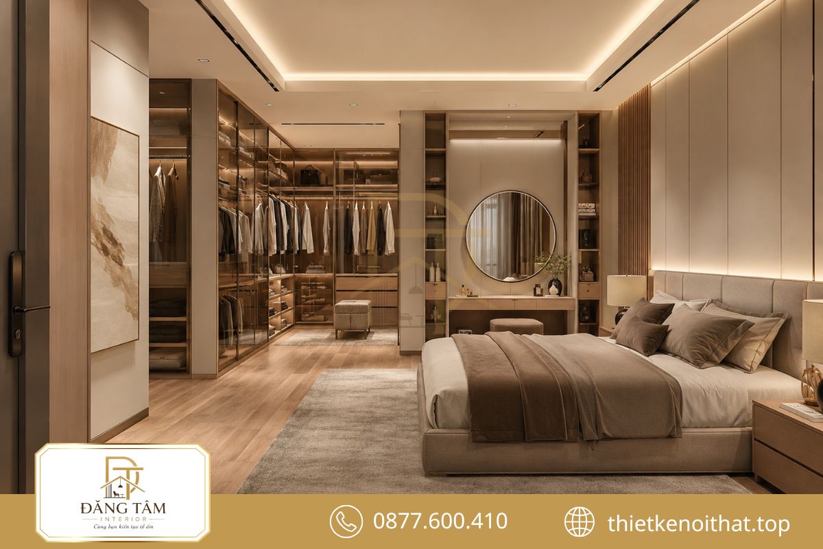 Phòng thay đồ nối liền hệ tủ tạo trải nghiệm sử dụng thuận tiện và sang trọng