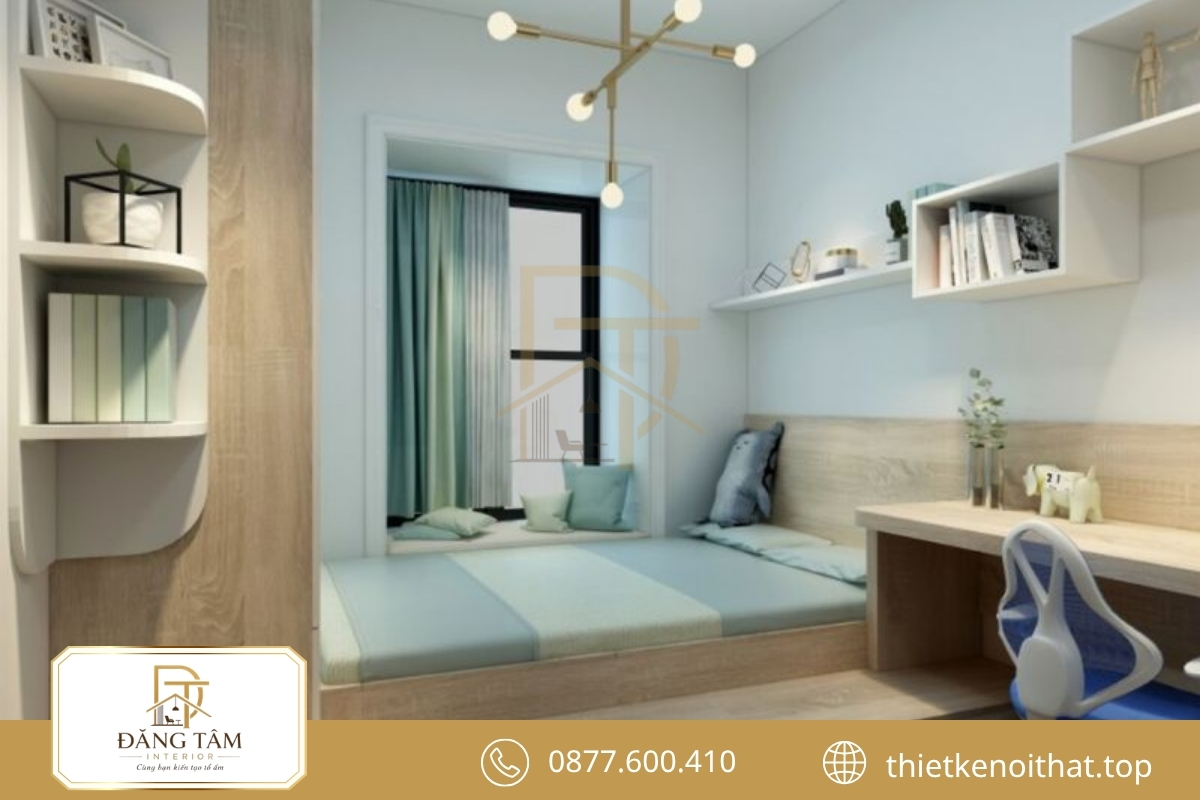 Phòng ngủ trẻ em kết hợp hài hòa khu vực nghỉ ngơi và học tập