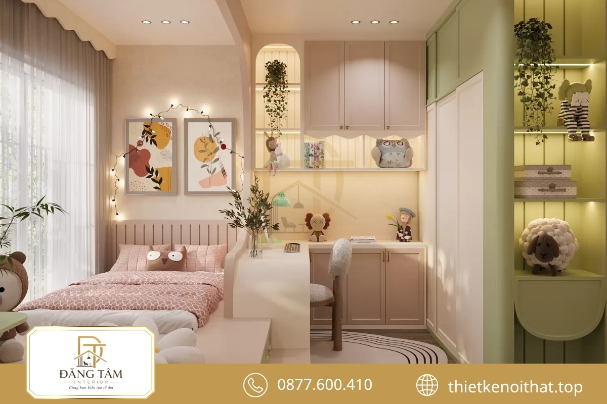 Bàn trang điểm tích hợp giúp phòng ngủ nữ gọn gàng và tiện nghi