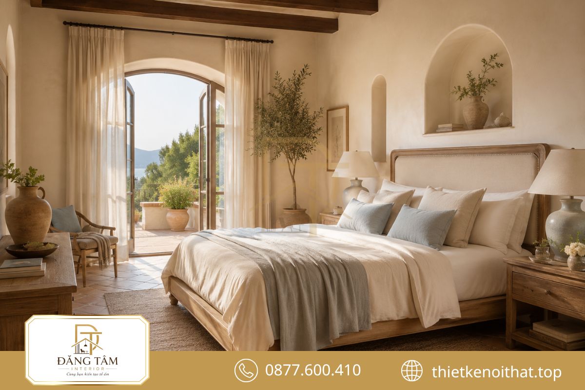 Phòng ngủ theo phong cách nội thất Địa Trung Hải nhẹ nhàng, thư thái và giàu cảm giác nghỉ dưỡng