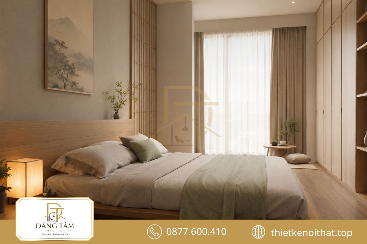 Phòng ngủ Nhật Bản tạo cảm giác thư thái với giường thấp và sắc gỗ