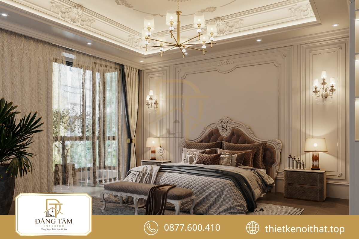 Phòng ngủ phong cách cổ điển ấm áp với bố cục cân xứng 