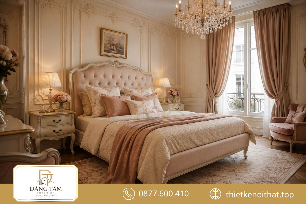 Phòng ngủ phong cách nội thất Pháp mang vẻ lãng mạn, mềm mại và thư thái