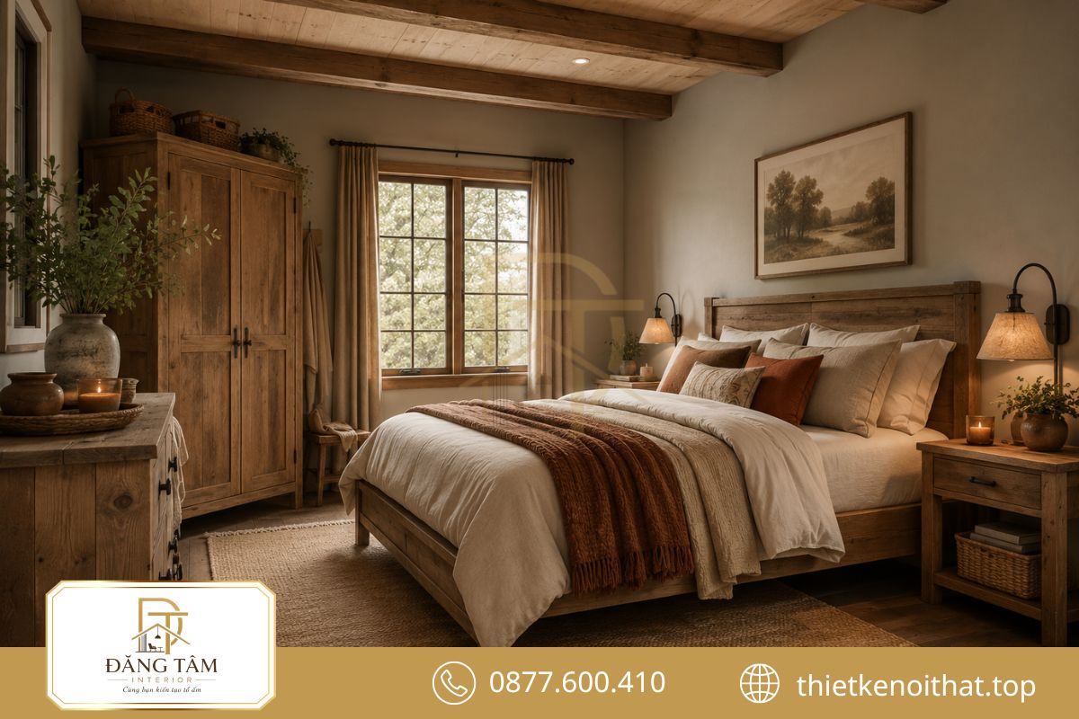 Phòng ngủ phong cách Rustic mang sắc thái yên bình qua gỗ và linen mềm