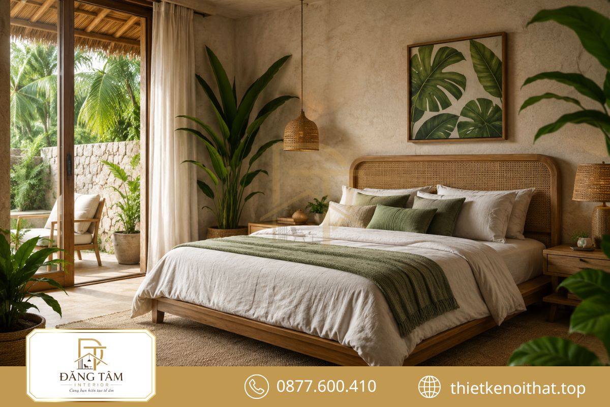 Phòng ngủ Tropical dịu mắt với gỗ sáng và sắc xanh olive