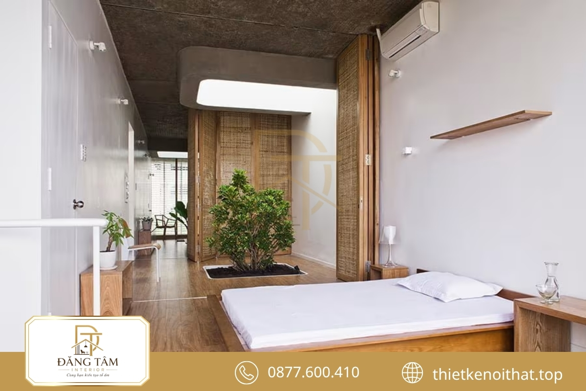 Phòng ngủ phong cách Zen yên tĩnh với giường thấp và chất liệu mộc