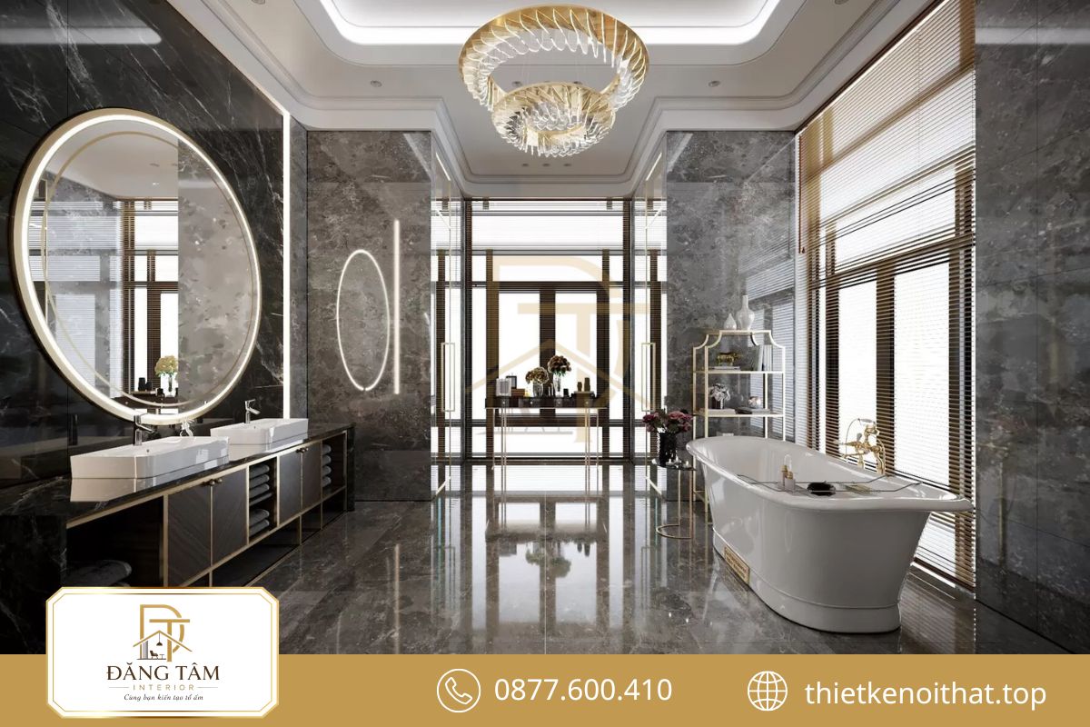 Phòng tắm biệt thự mang tinh thần spa qua vật liệu và ánh sáng thư giãn