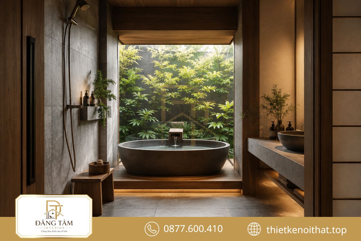 Phòng tắm Nhật Bản mang cảm giác thư giãn nhờ đá gỗ và ánh sáng
