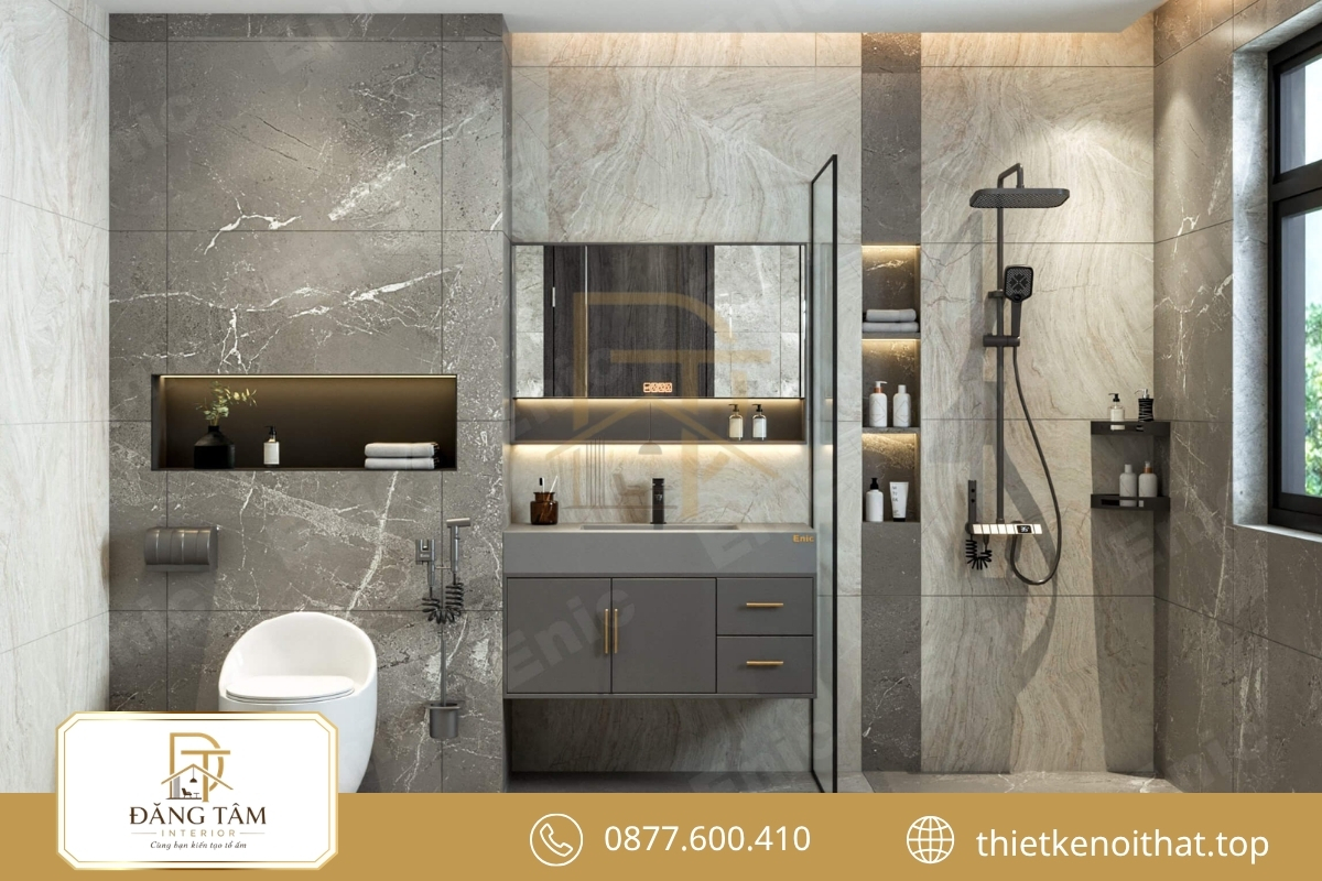 Phòng tắm phong cách Contemporary nổi bật với đá, kính và ánh sáng phân lớp