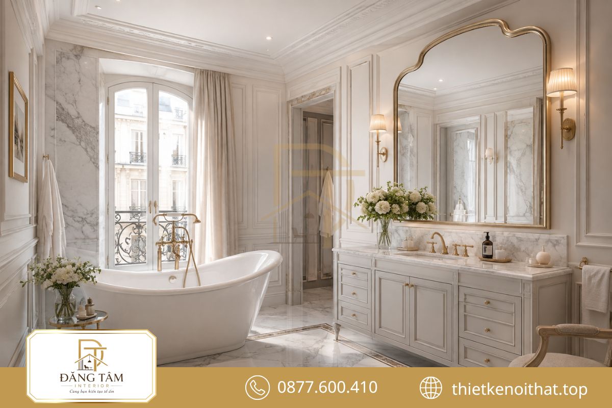 Phòng tắm phong cách Pháp nổi bật qua đá marble và đường cong mềm