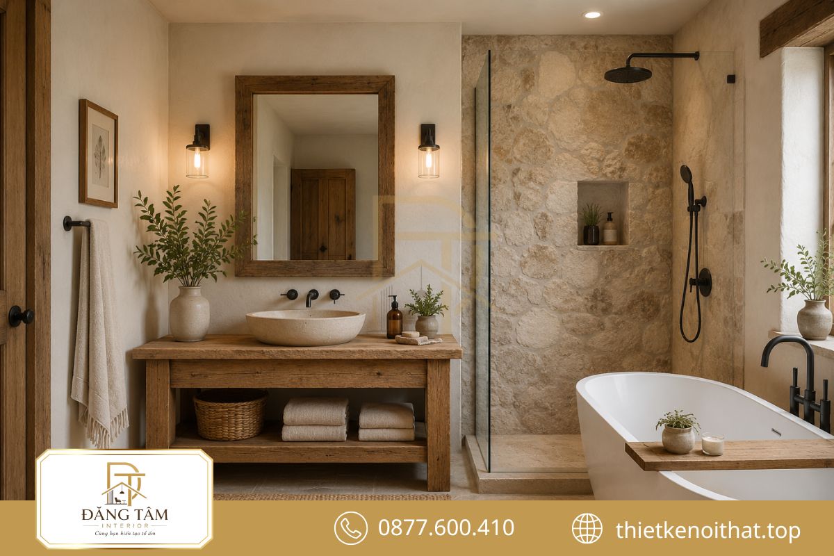 Phòng tắm phong cách nội thất Rustic hài hòa giữa đá tự nhiên và gỗ ấm