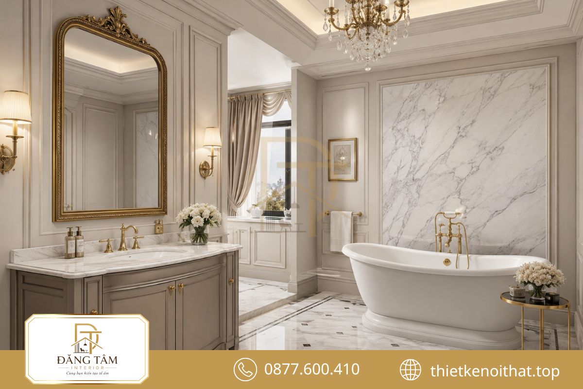 Phòng tắm thể hiện phong cách thiết kế nội thất tân cổ điển qua vật liệu và ánh sáng tinh tế
