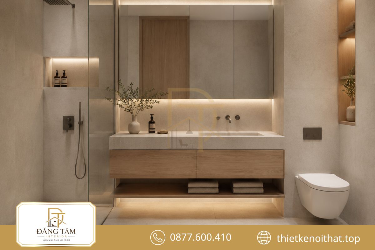 Phòng tắm tối giản nổi bật với bề mặt sạch và bố cục liền mạch