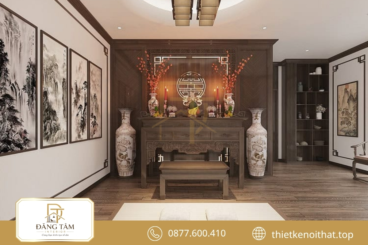 Phòng thờ phong cách cổ điển trang nghiêm với gỗ tự nhiên cân đối 