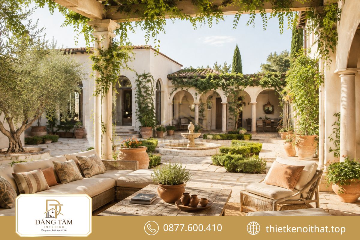 Sân vườn Mediterranean kết hợp đá, cây xanh và góc nghỉ ngoài trời thoáng