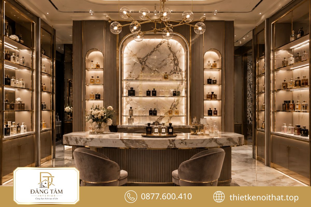 Thiết kế shop nước hoa với vật liệu cao cấp và ánh sáng ấm