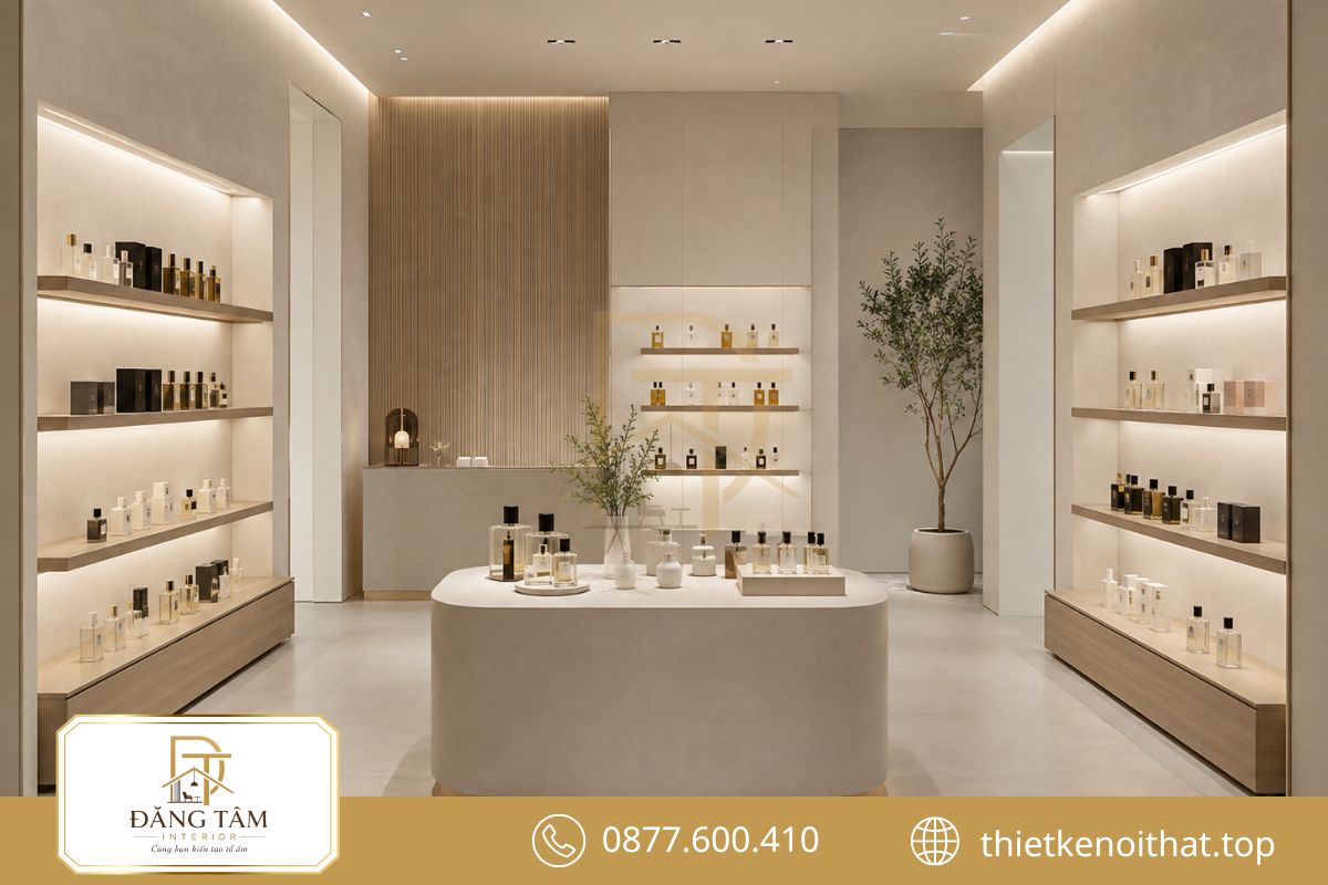 Thiết kế tối giản giữ không gian thoáng và làm nổi bật từng chai nước hoa