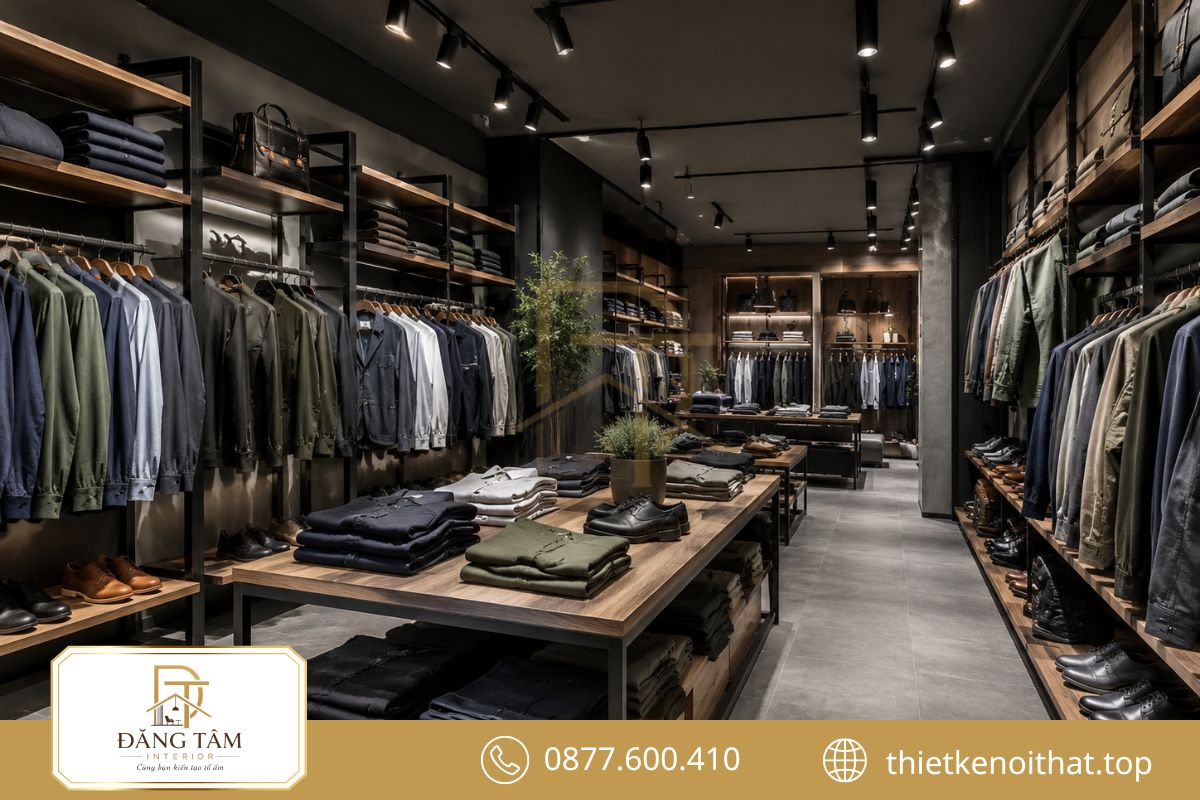 Thiết kế shop quần áo nam chú trọng đường nét mạnh và bố cục trưng bày gọn