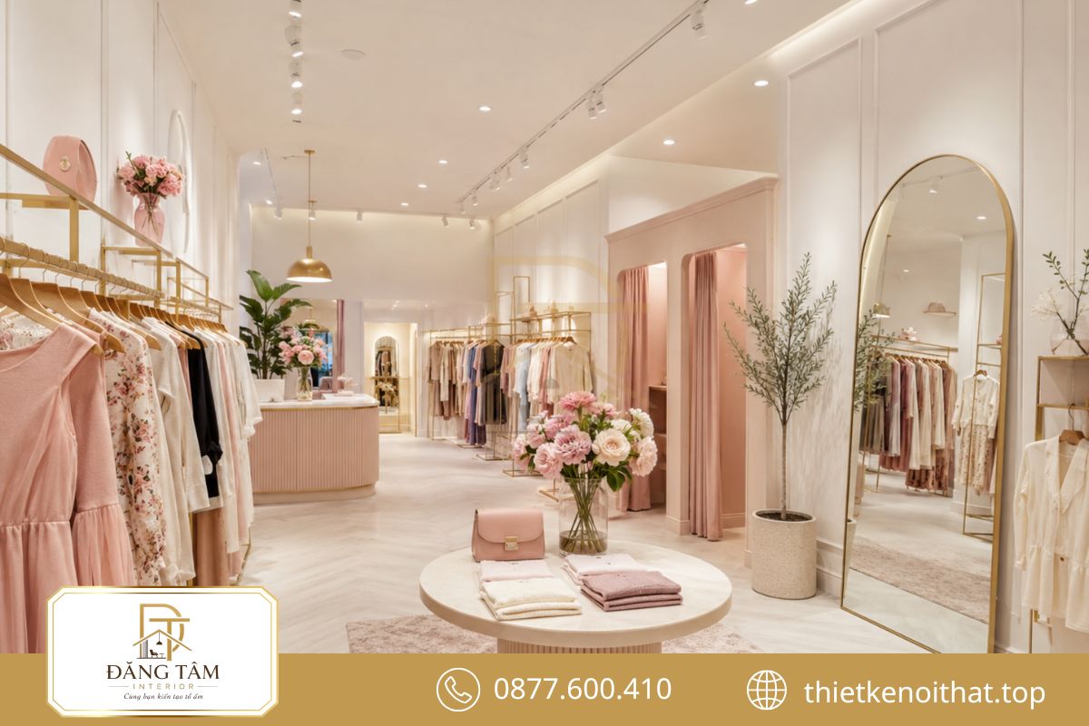 Thiết kế shop quần áo tạo không gian nữ tính, thanh lịch và dễ mua sắm