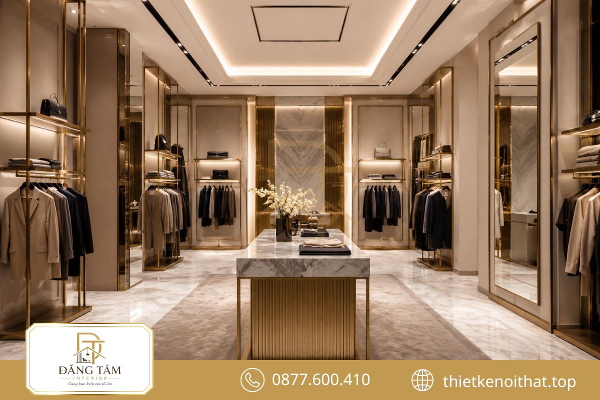 Không gian thời trang cao cấp nổi bật với vật liệu tinh tế và trưng bày thoáng