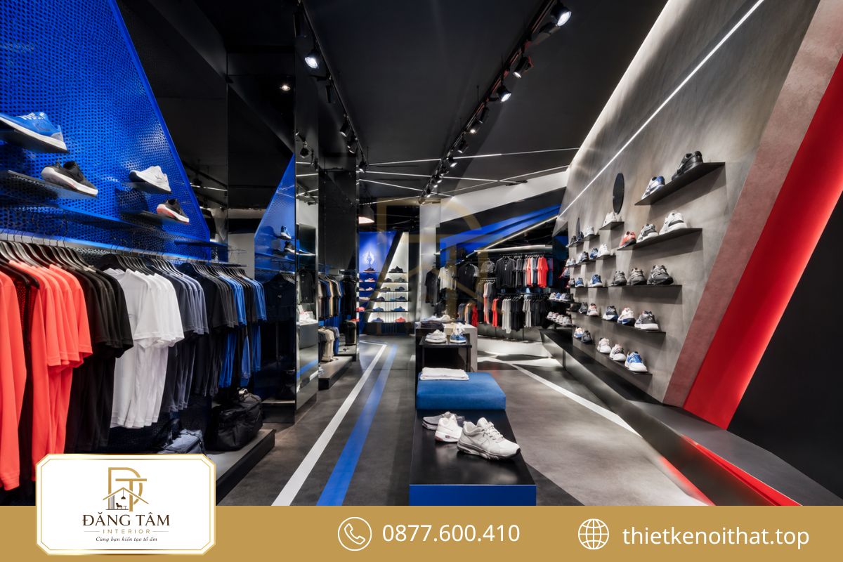 Shop thể thao cá tính kết hợp ánh sáng mạnh và hình khối giàu năng lượng