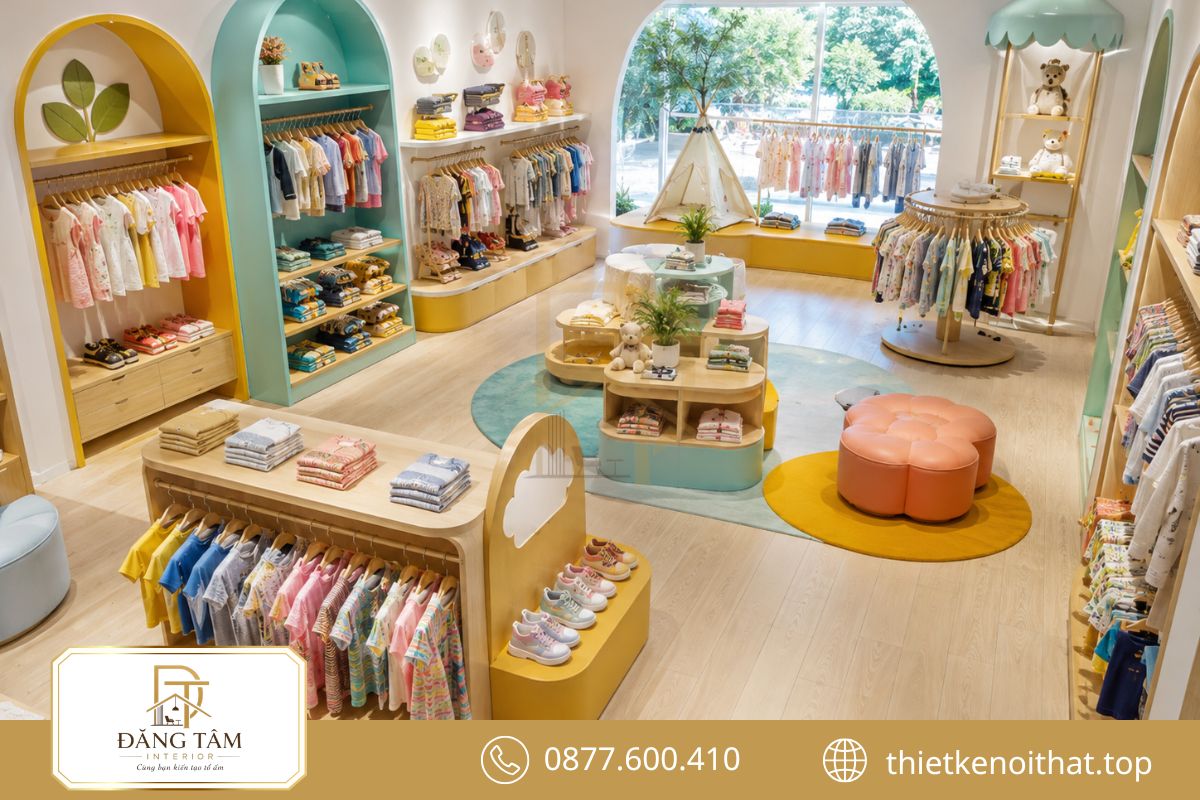 Thiết kế shop quần áo kết hợp màu sắc sinh động và không gian thân thiện trẻ nhỏ
