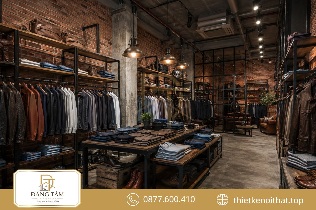 Tường gạch thô kết hợp khung sắt tạo cá tính mạnh cho shop thời trang