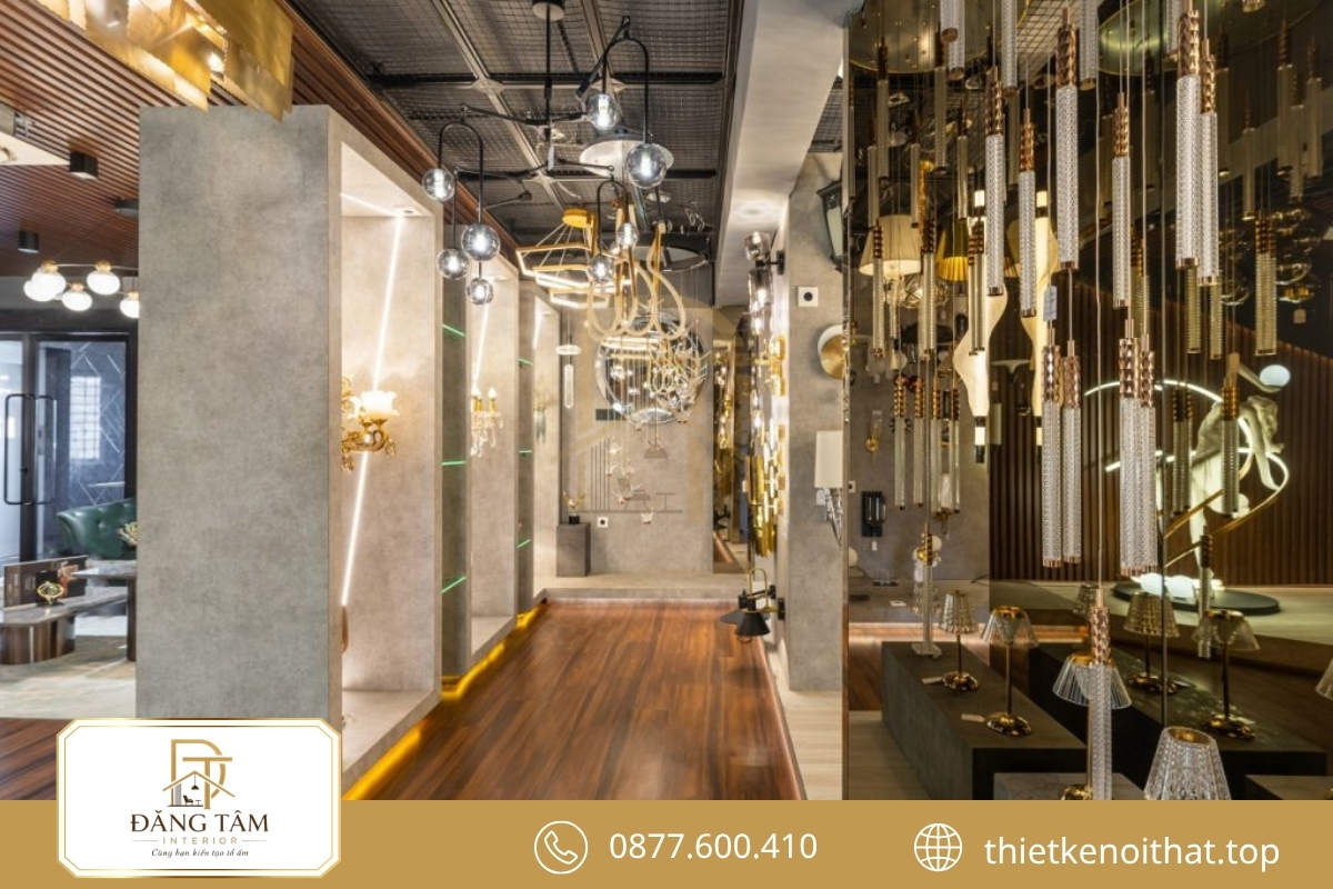 Thiết kế showroom đèn trang trí hiện đại nổi bật đường nét gọn gàng, tinh tế