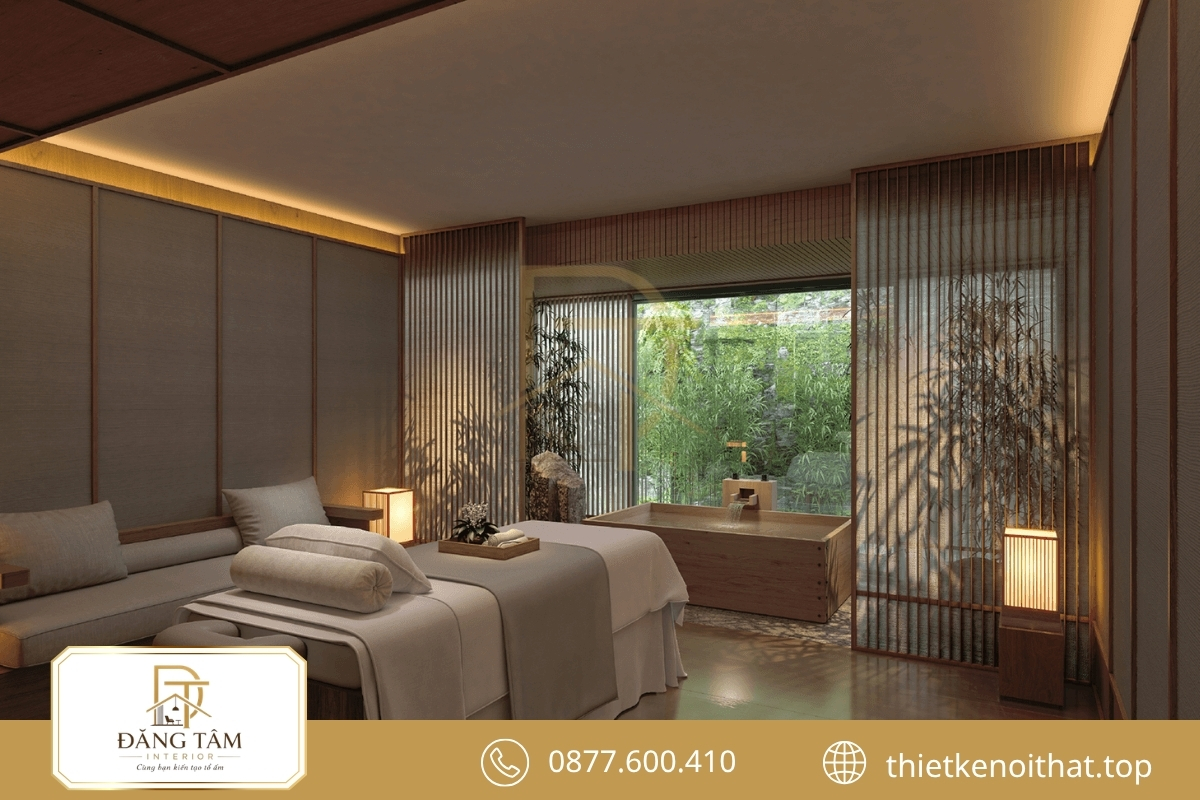 Spa phong cách Zen thư thái với gỗ, đá và ánh sáng dịu