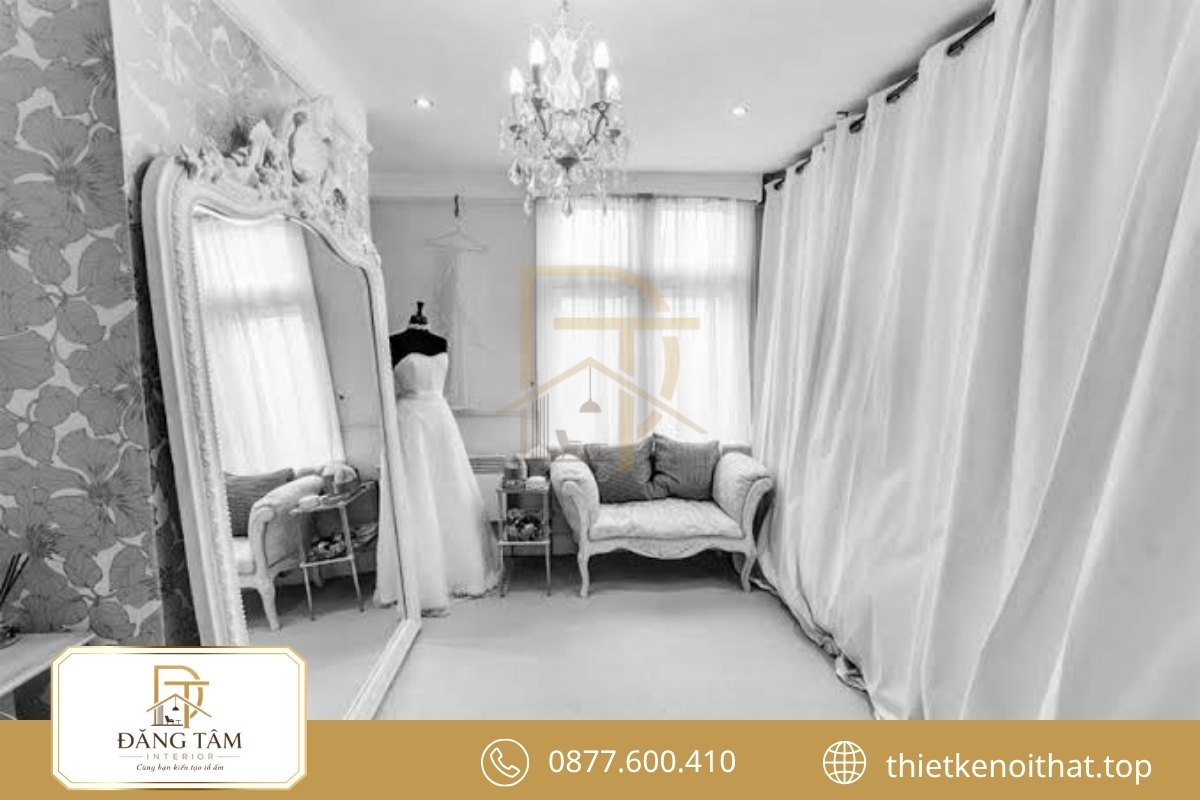 Thiết kế studio váy cưới tạo không gian thử váy riêng tư, giàu cảm xúc