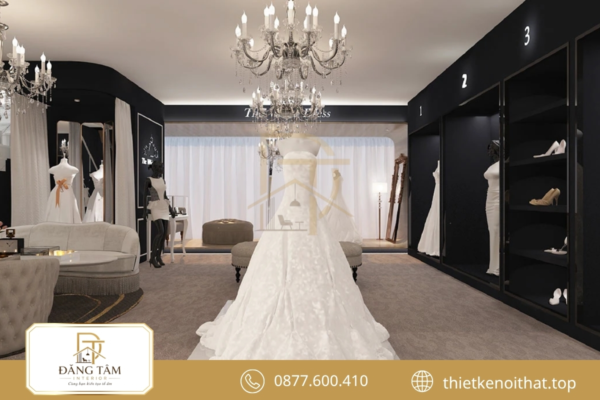 Thiết kế tiệm áo cưới sang trọng kết hợp vật liệu tinh tế, ánh sáng ấm